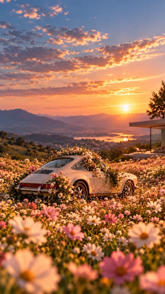 Creative Intelligence OS vintage car in meadow at sunset